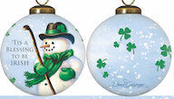 Green Irish Snowman Hand Painted Mouth Blown Glass Ornament W2B