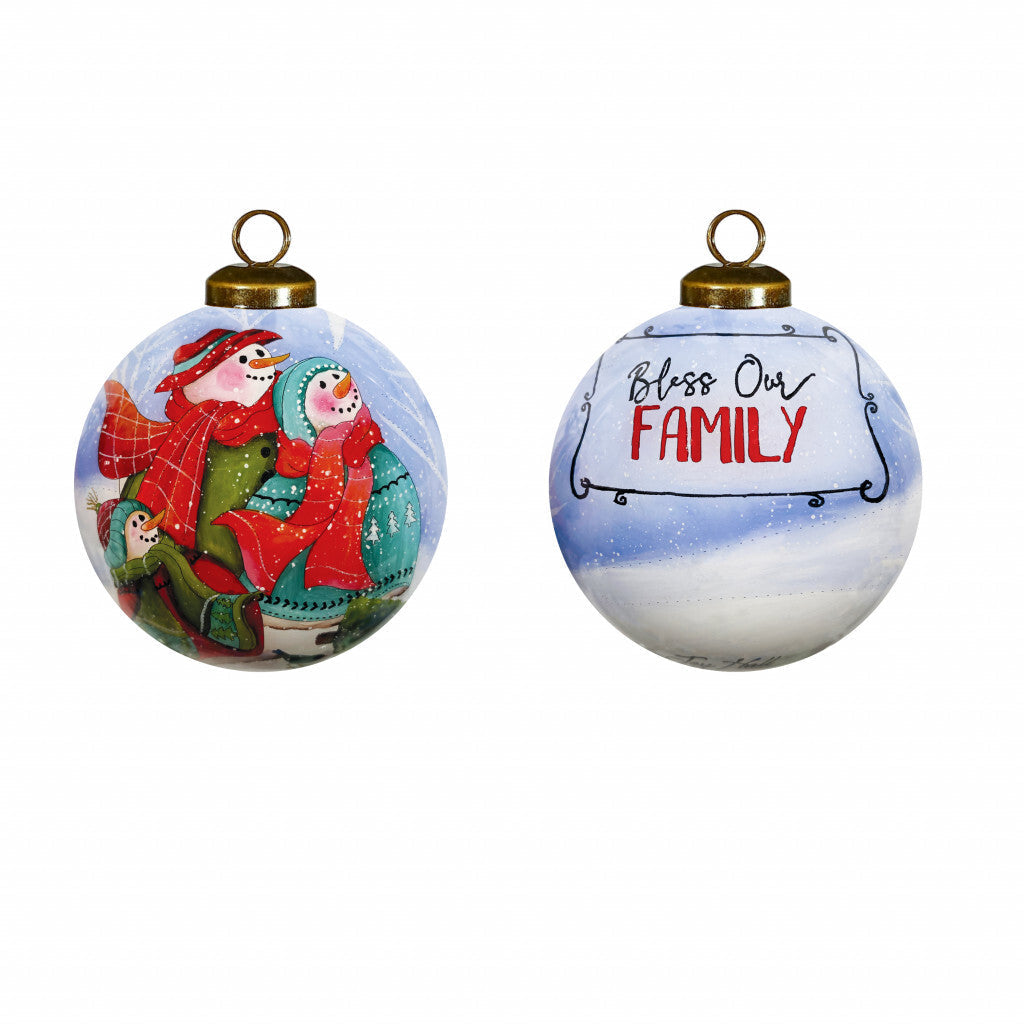 Snowman Family Bless Our Family Wordings Hand Painted Mouth Blown Glass Ornament W2B