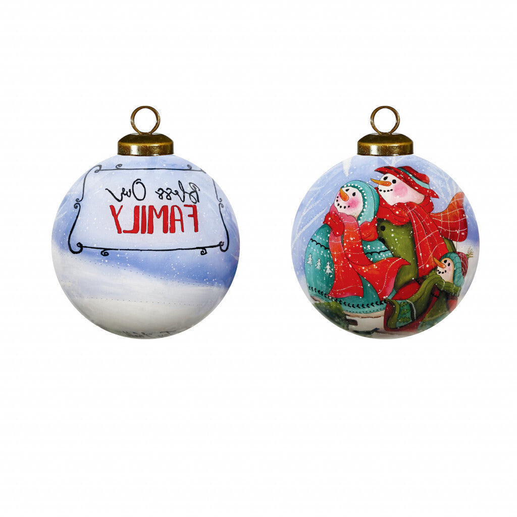 Snowman Family Bless Our Family Wordings Hand Painted Mouth Blown Glass Ornament W2B