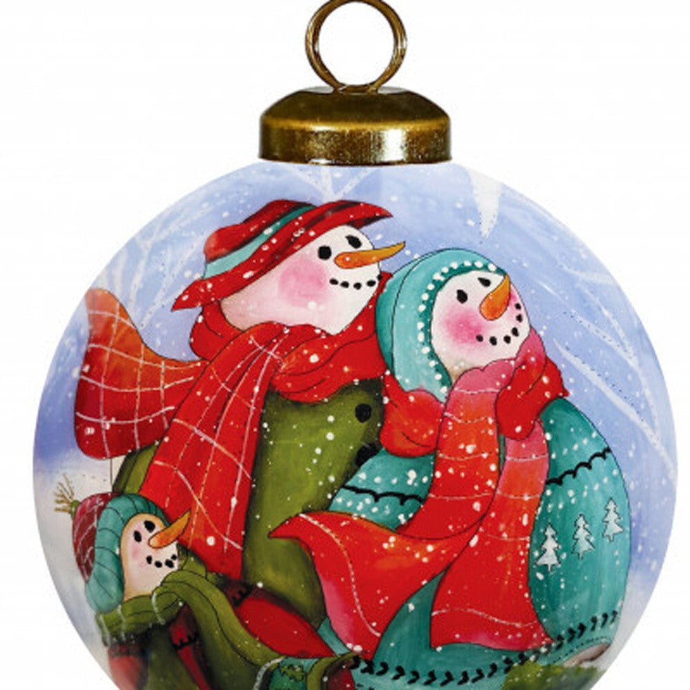 Snowman Family Bless Our Family Wordings Hand Painted Mouth Blown Glass Ornament W2B