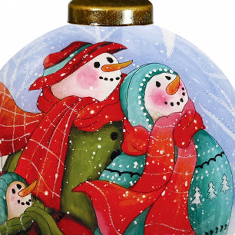 Snowman Family Bless Our Family Wordings Hand Painted Mouth Blown Glass Ornament W2B