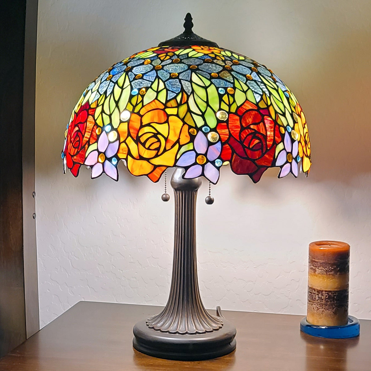 24" Dark Brown Metal Two Light Candlestick Table Lamp With Orange Shade W2B