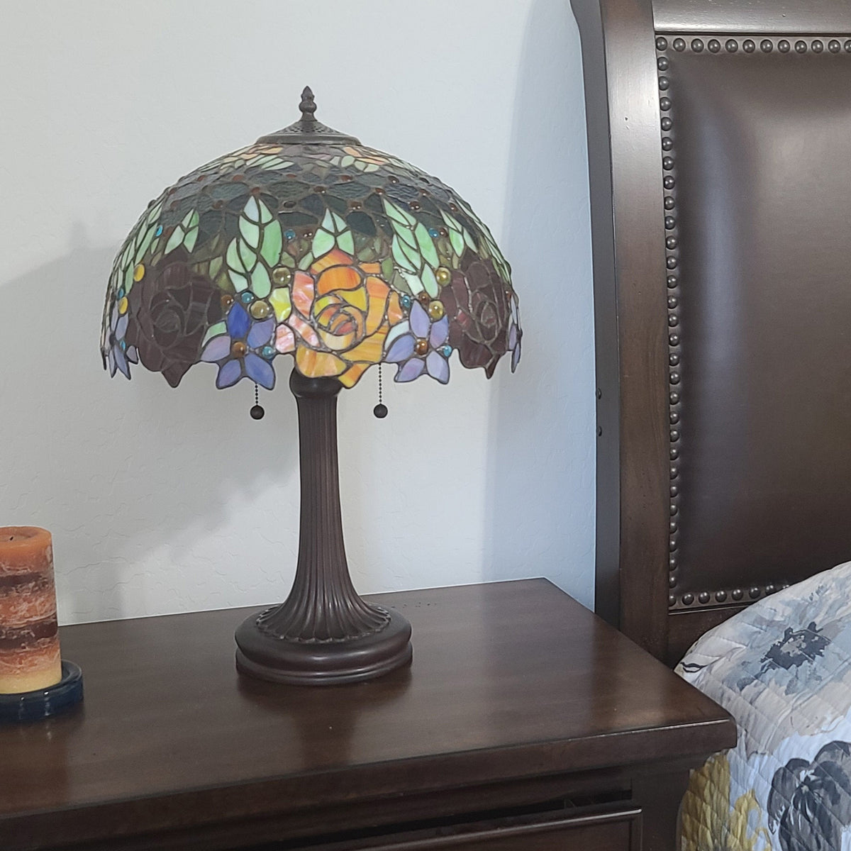 24" Dark Brown Metal Two Light Candlestick Table Lamp With Orange Shade W2B