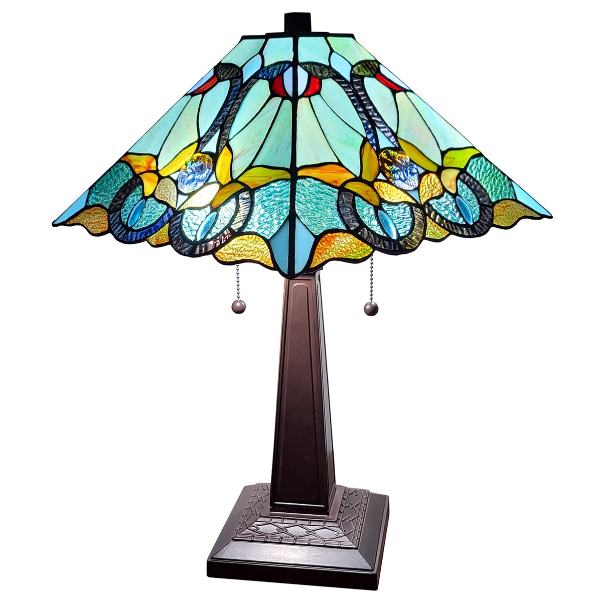 23" Dark Brown Metal Two Light Table Lamp With Blue and Green Cone Shade W2B