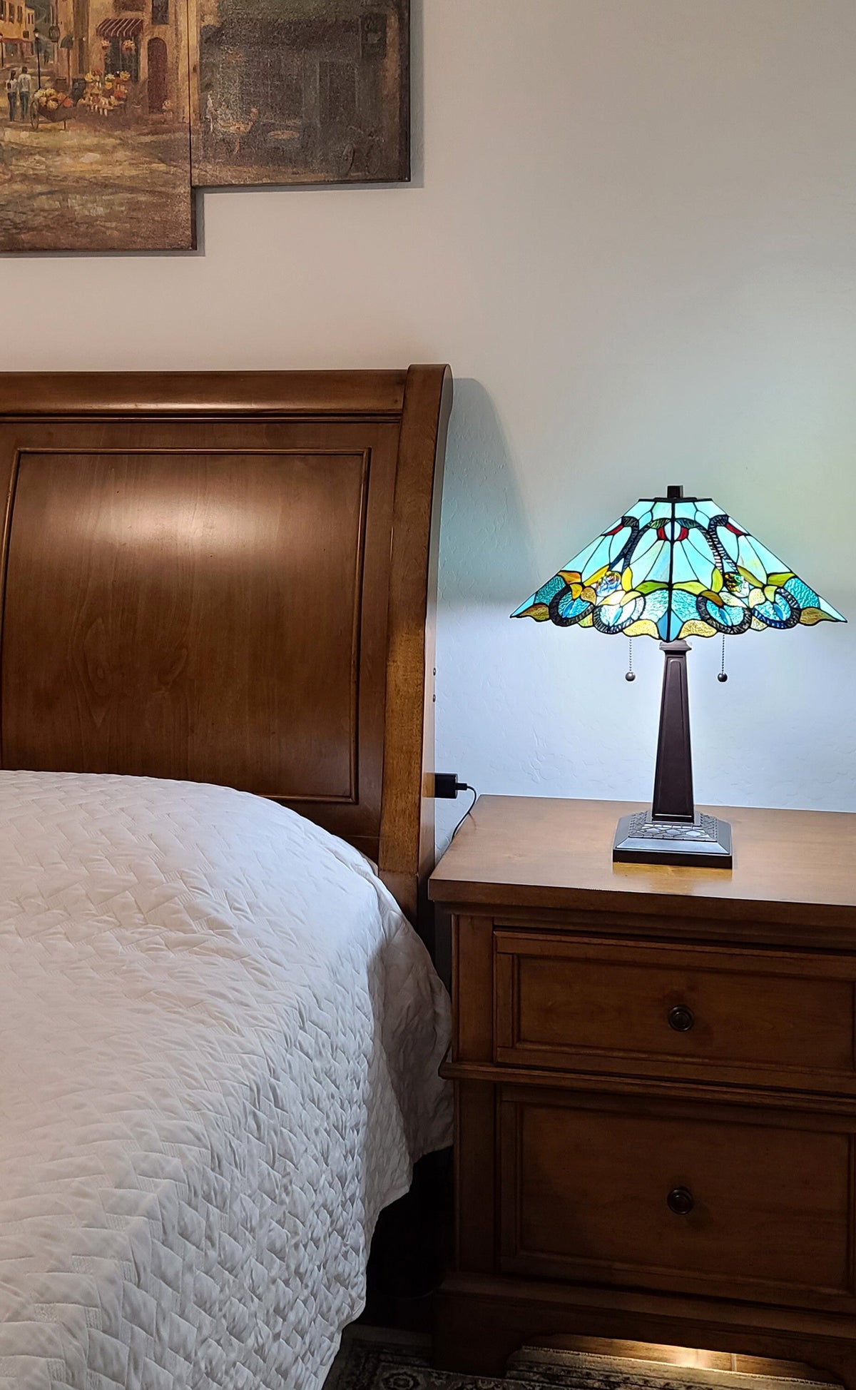 23" Dark Brown Metal Two Light Table Lamp With Blue and Green Cone Shade W2B