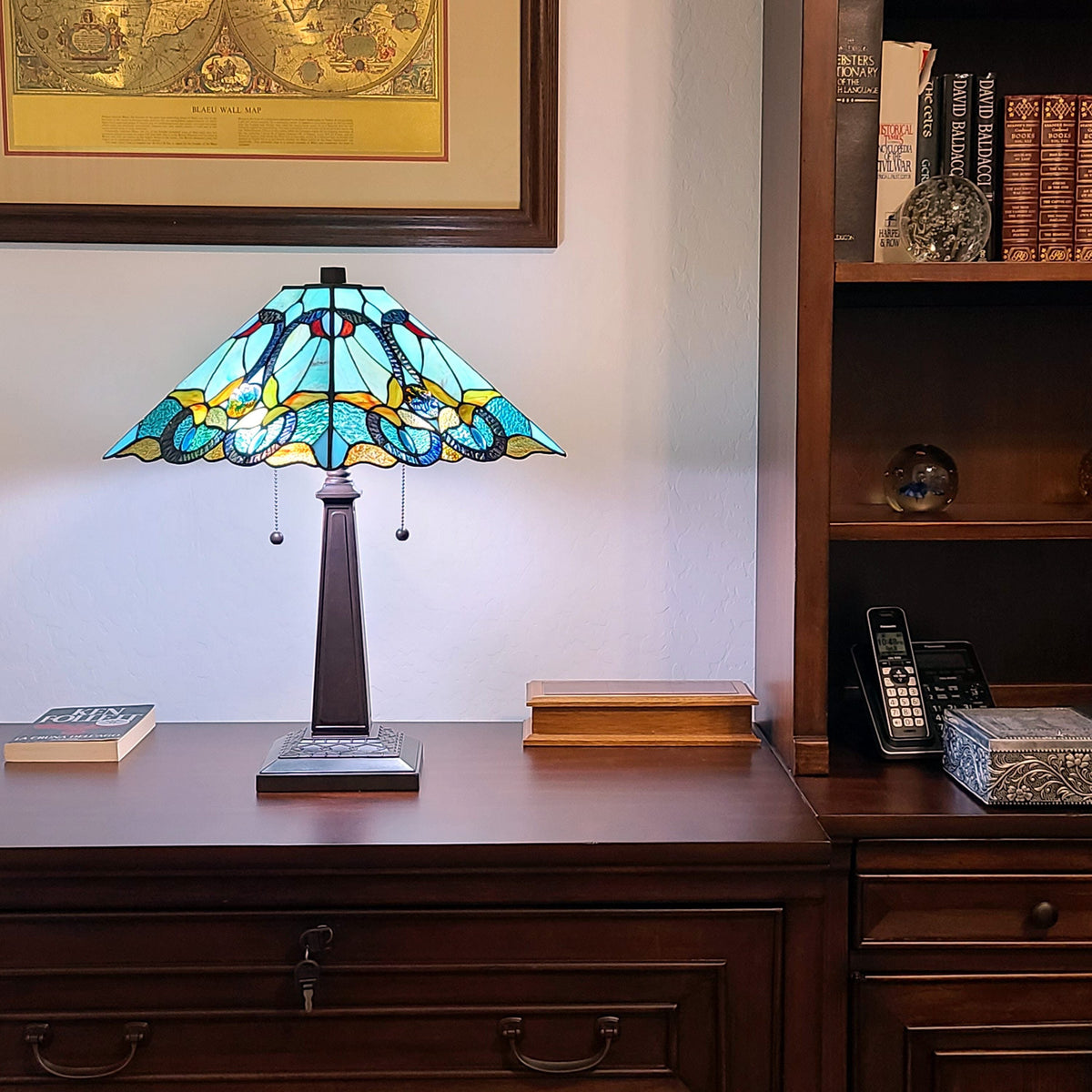 23" Dark Brown Metal Two Light Table Lamp With Blue and Green Cone Shade W2B
