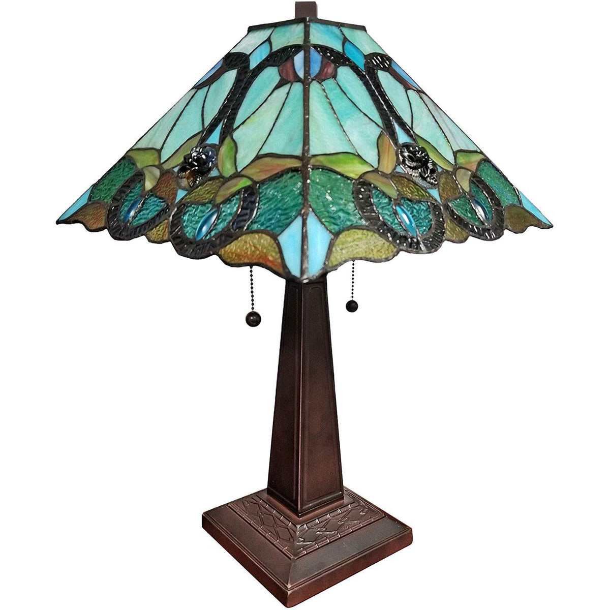 23" Dark Brown Metal Two Light Table Lamp With Blue and Green Cone Shade W2B