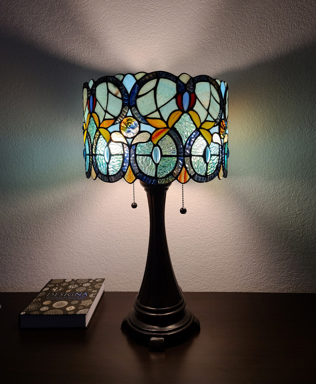 22" Dark Brown Metal Two Light Candlestick Table Lamp With Green Shade W2B