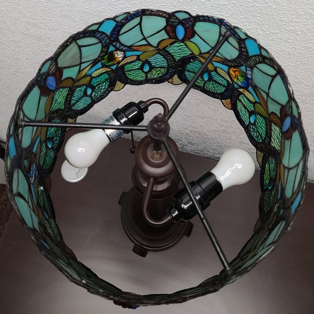 22" Dark Brown Metal Two Light Candlestick Table Lamp With Green Shade W2B