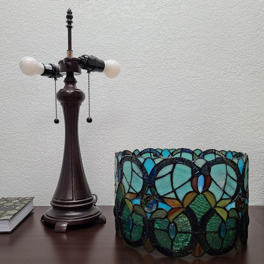 22" Dark Brown Metal Two Light Candlestick Table Lamp With Green Shade W2B