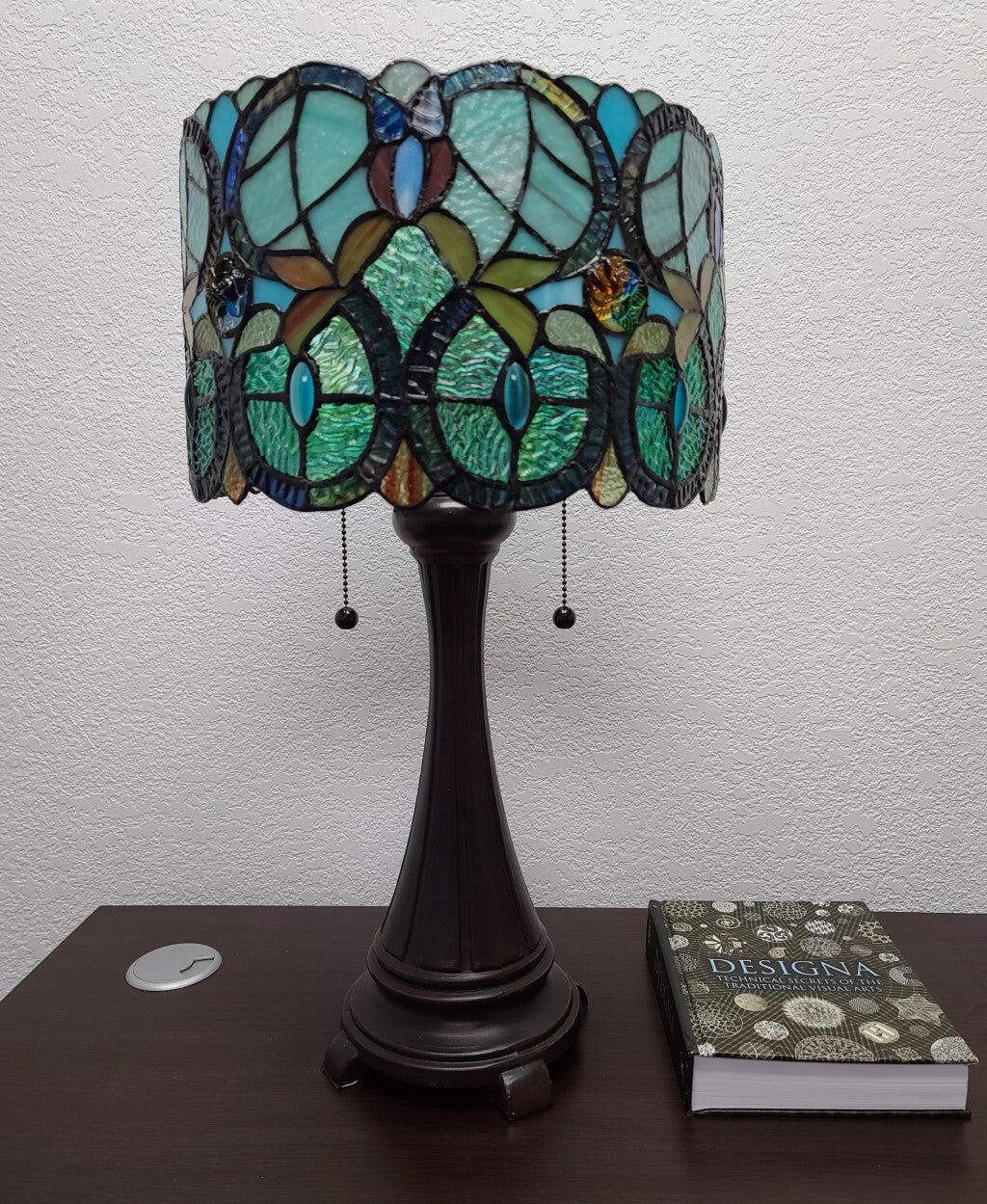 22" Dark Brown Metal Two Light Candlestick Table Lamp With Green Shade W2B