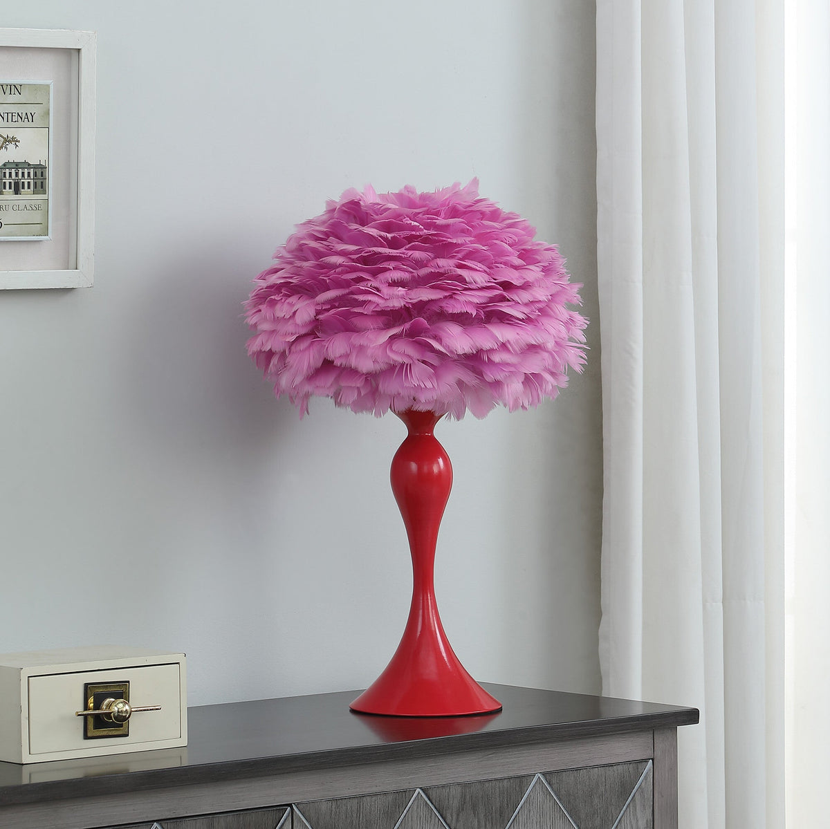 24" Glam Hot Pink Feather and Red Table Lamp W2B
