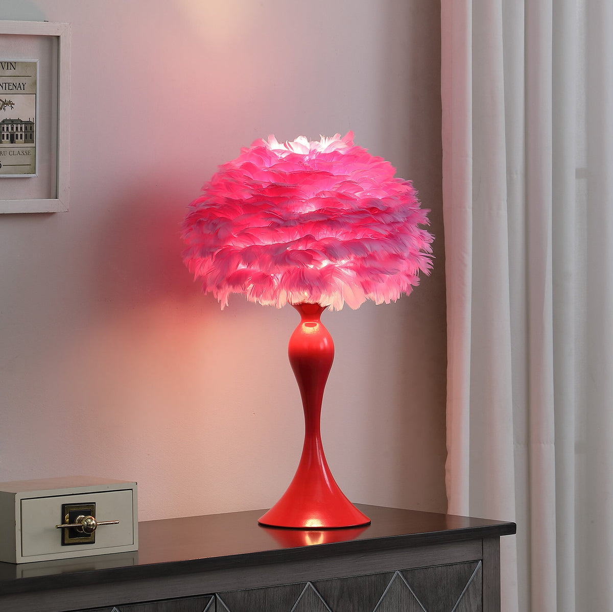 24" Glam Hot Pink Feather and Red Table Lamp W2B