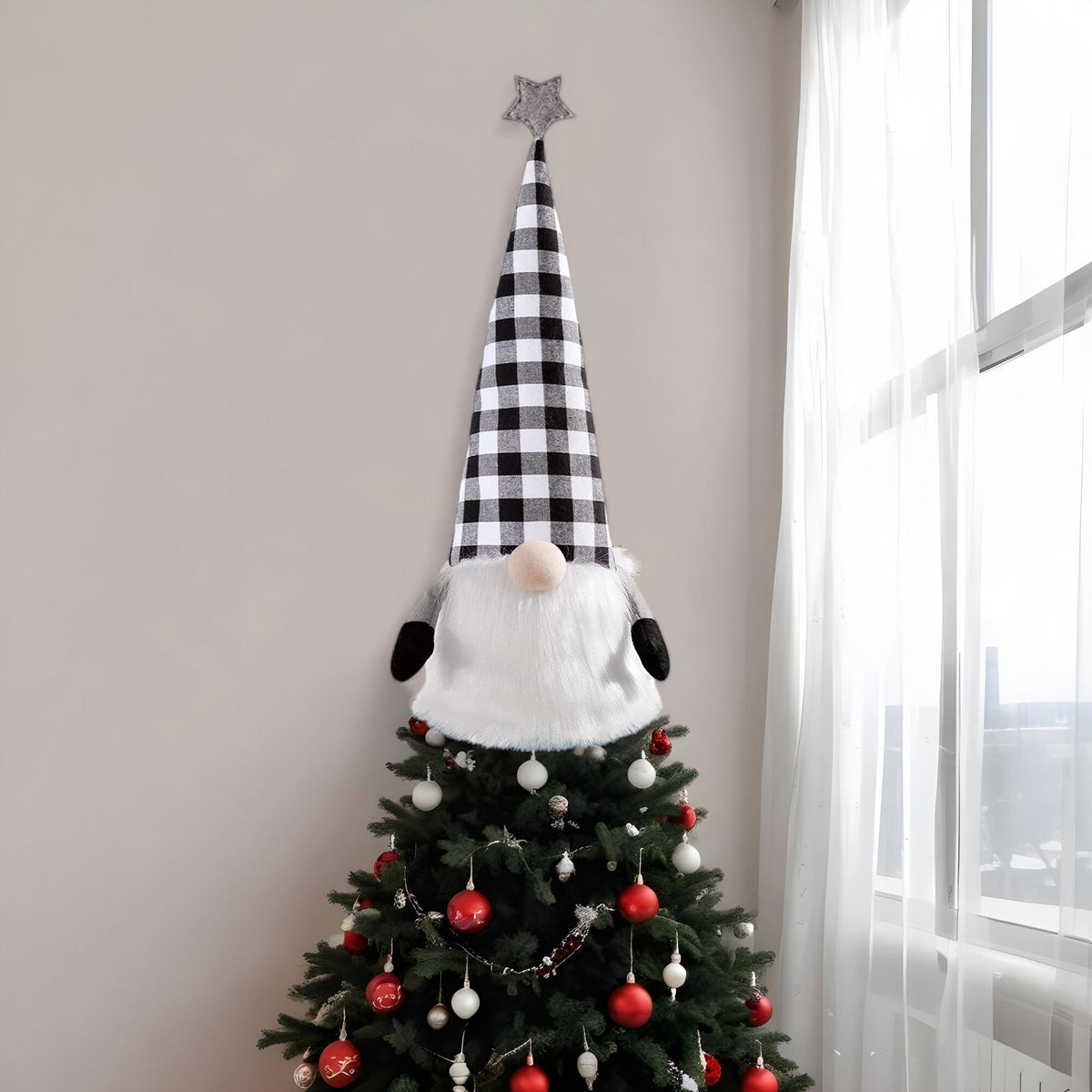 27" Black And White Felt And Faux Fur Gnome Adjustable Height Tree Topper W2B