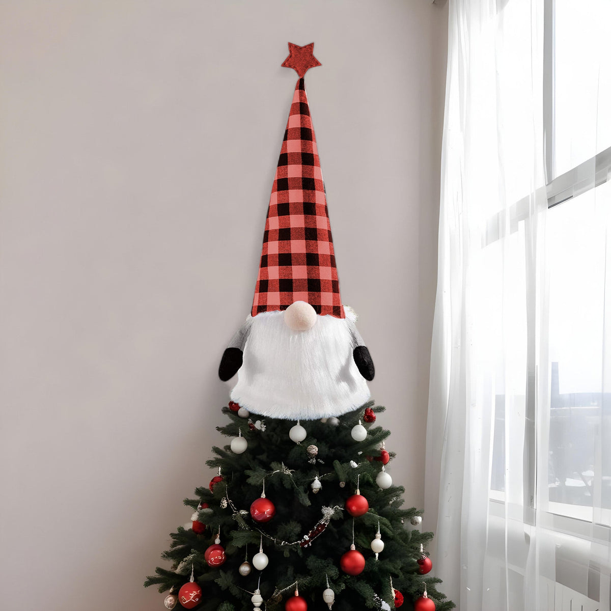 27" Black And Black Felt And Faux Fur Gnome Adjustable Height Tree Topper W2B