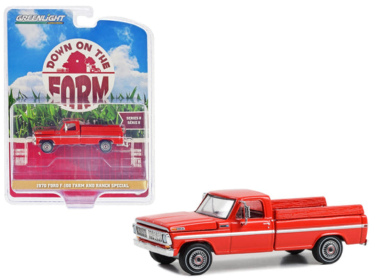 1970 Ford F-100 Pickup Truck "Farm and Ranch Special" Candy Apple Red with Side Cargo Boards "Down on the Farm" Series 8 1/64 Diecast Model by Greenlight