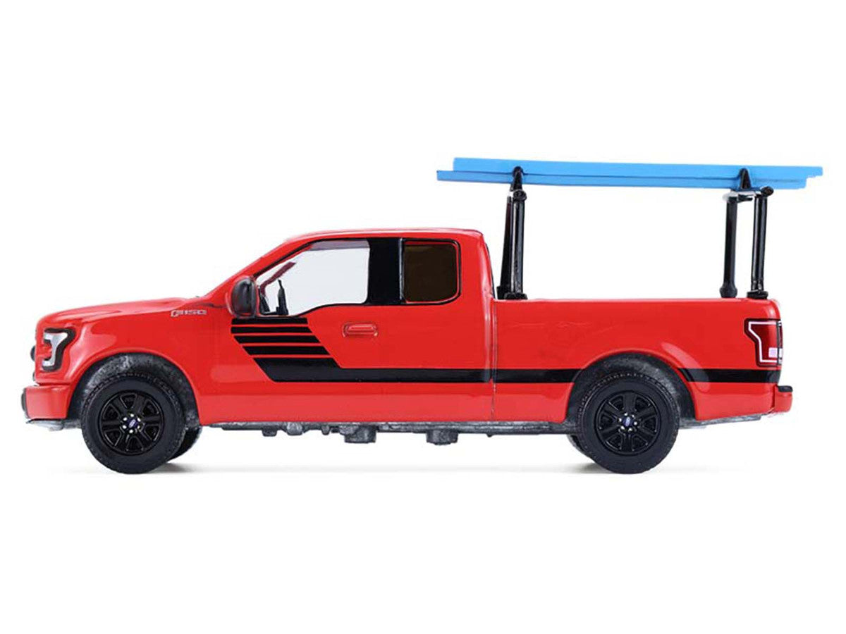 2015 Ford F-150 Pickup Truck with Ladder Rack Red with Black Stripes "Down on the Farm" Series 11 1/64 Diecast Model by Greenlight Greenlight