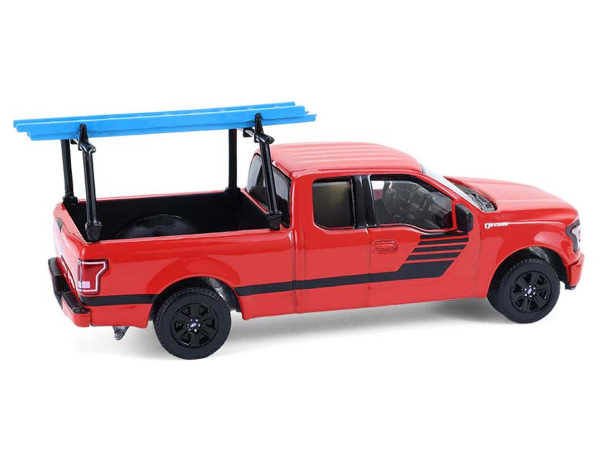 2015 Ford F-150 Pickup Truck with Ladder Rack Red with Black Stripes "Down on the Farm" Series 11 1/64 Diecast Model by Greenlight Greenlight