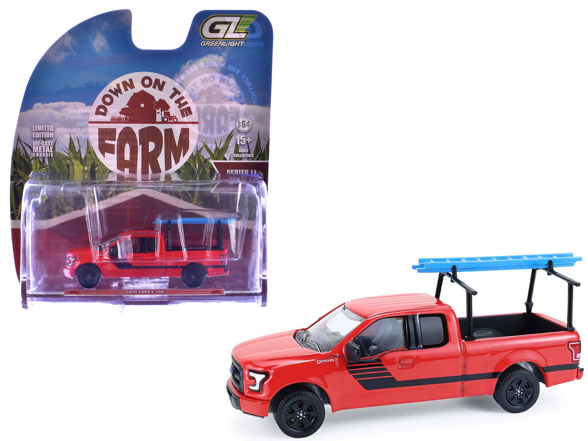 2015 Ford F-150 Pickup Truck with Ladder Rack Red with Black Stripes "Down on the Farm" Series 11 1/64 Diecast Model by Greenlight Greenlight