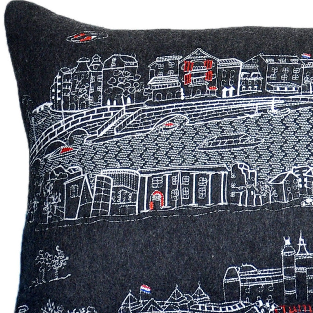 35" Black Amsterdam Nighttime Skyline Lumbar Decorative Pillow