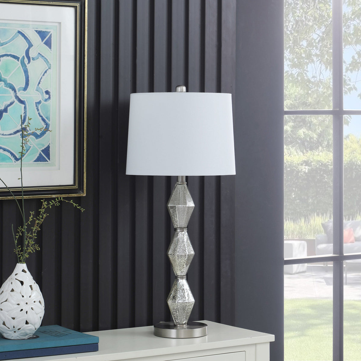 30" Brushed Silver Geo Glass Table Lamp With White Shade W2B