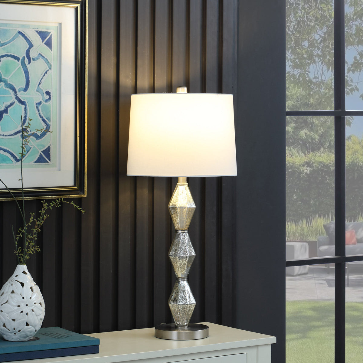 30" Brushed Silver Geo Glass Table Lamp With White Shade W2B