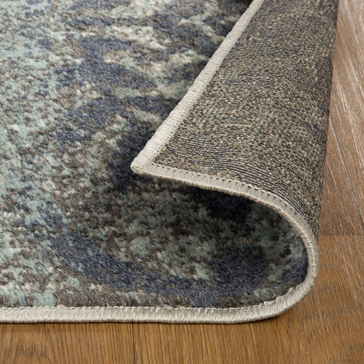 7' X 9' Teal And Gray Damask Distressed Stain Resistant Area Rug W2B