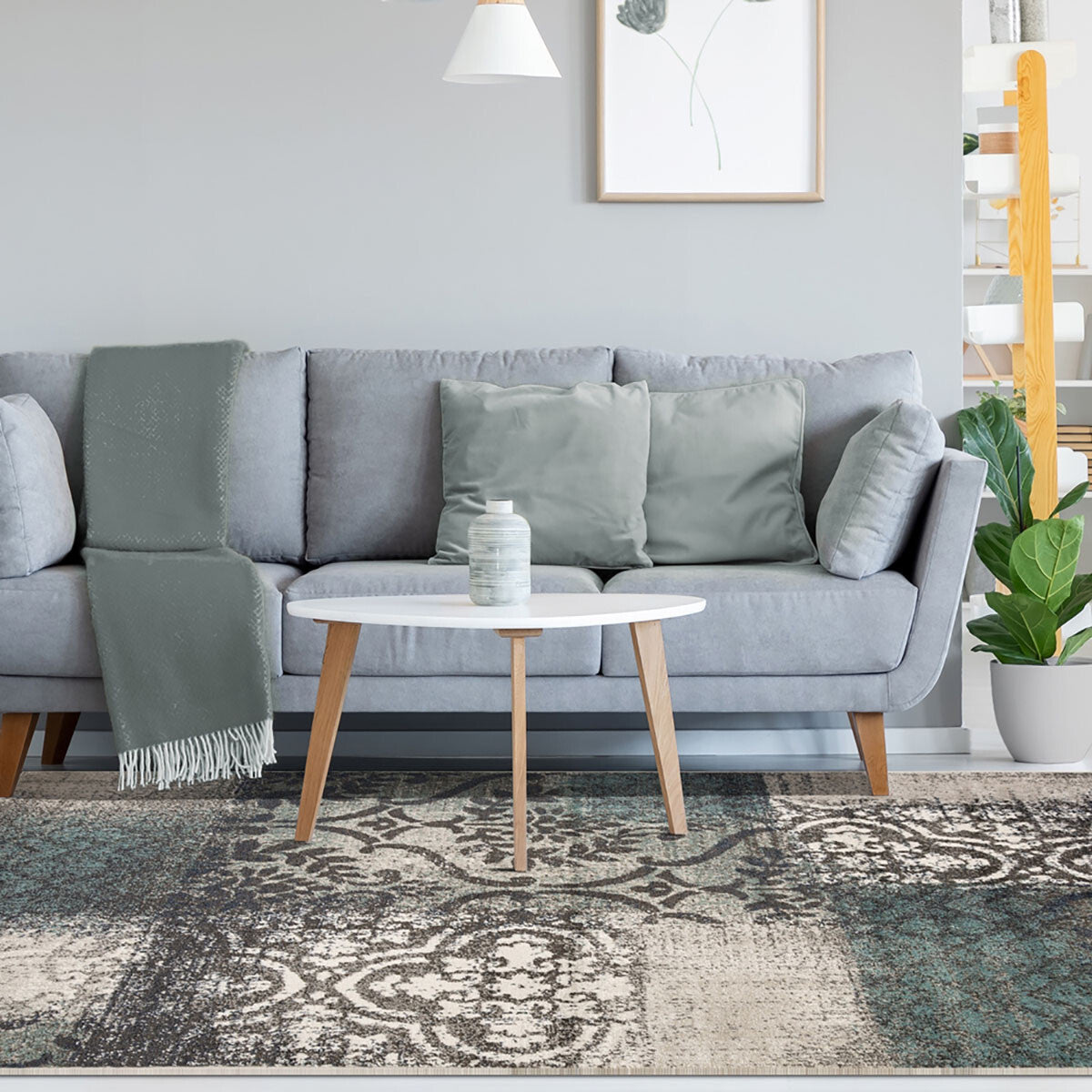 7' X 9' Teal And Gray Damask Distressed Stain Resistant Area Rug W2B