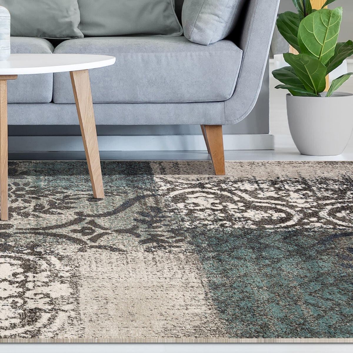 7' X 9' Teal And Gray Damask Distressed Stain Resistant Area Rug W2B