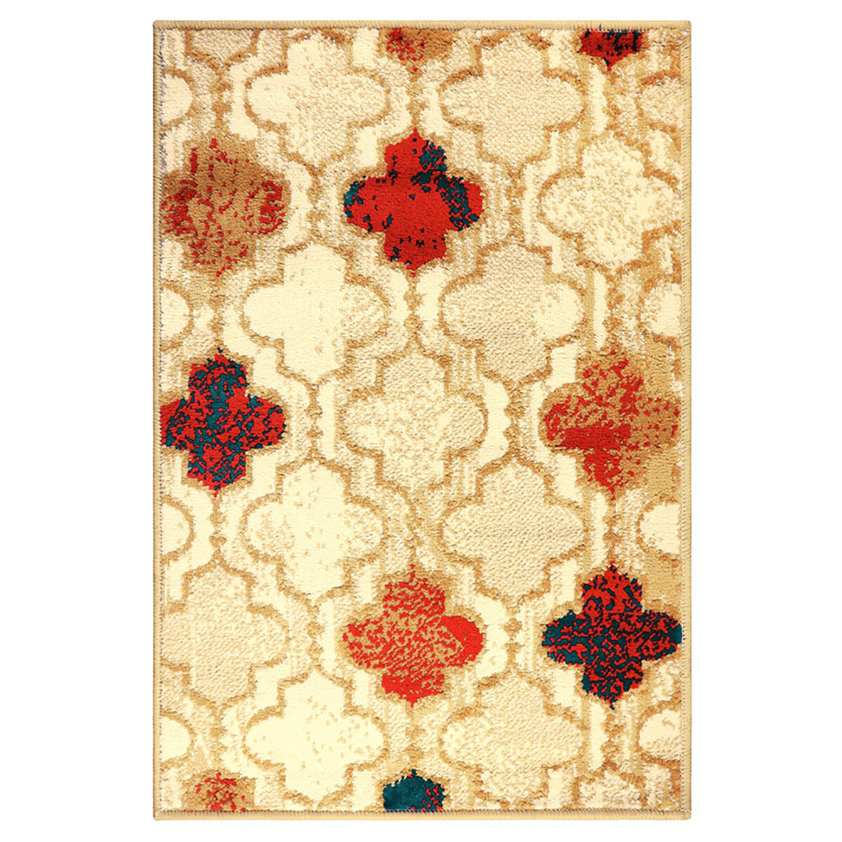 5' X 8' Beige Quatrefoil Power Loom Distressed Stain Resistant Area Rug W2B