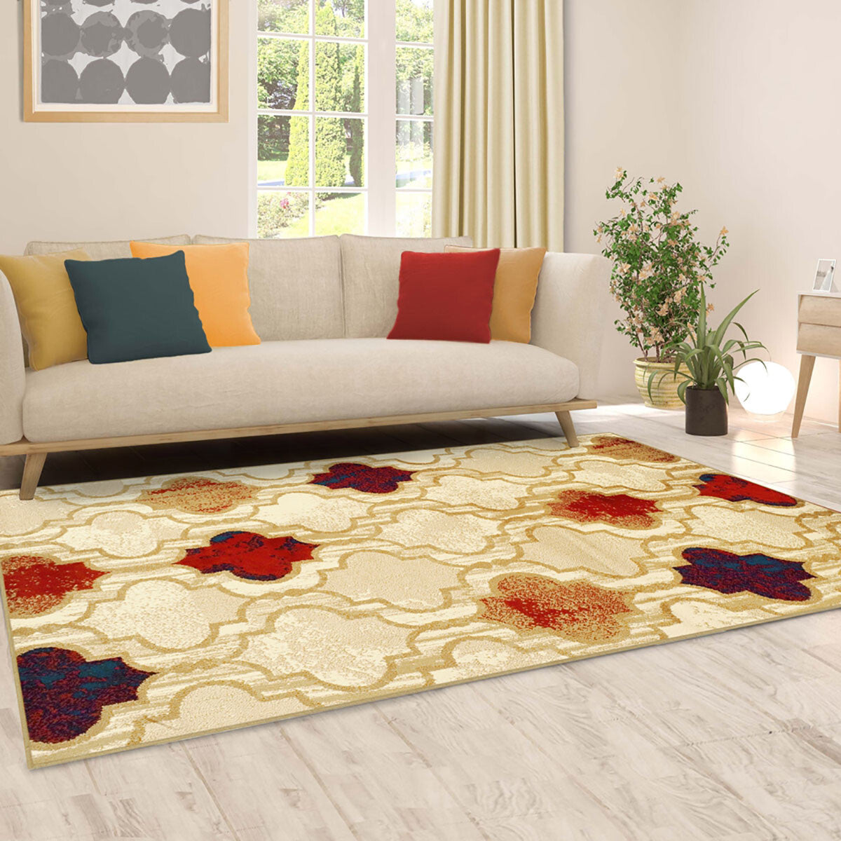 5' X 8' Beige Quatrefoil Power Loom Distressed Stain Resistant Area Rug W2B