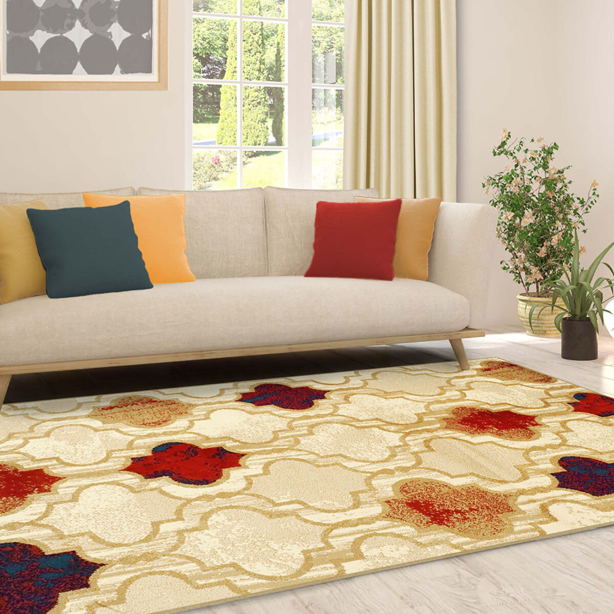 5' X 8' Beige Quatrefoil Power Loom Distressed Stain Resistant Area Rug W2B
