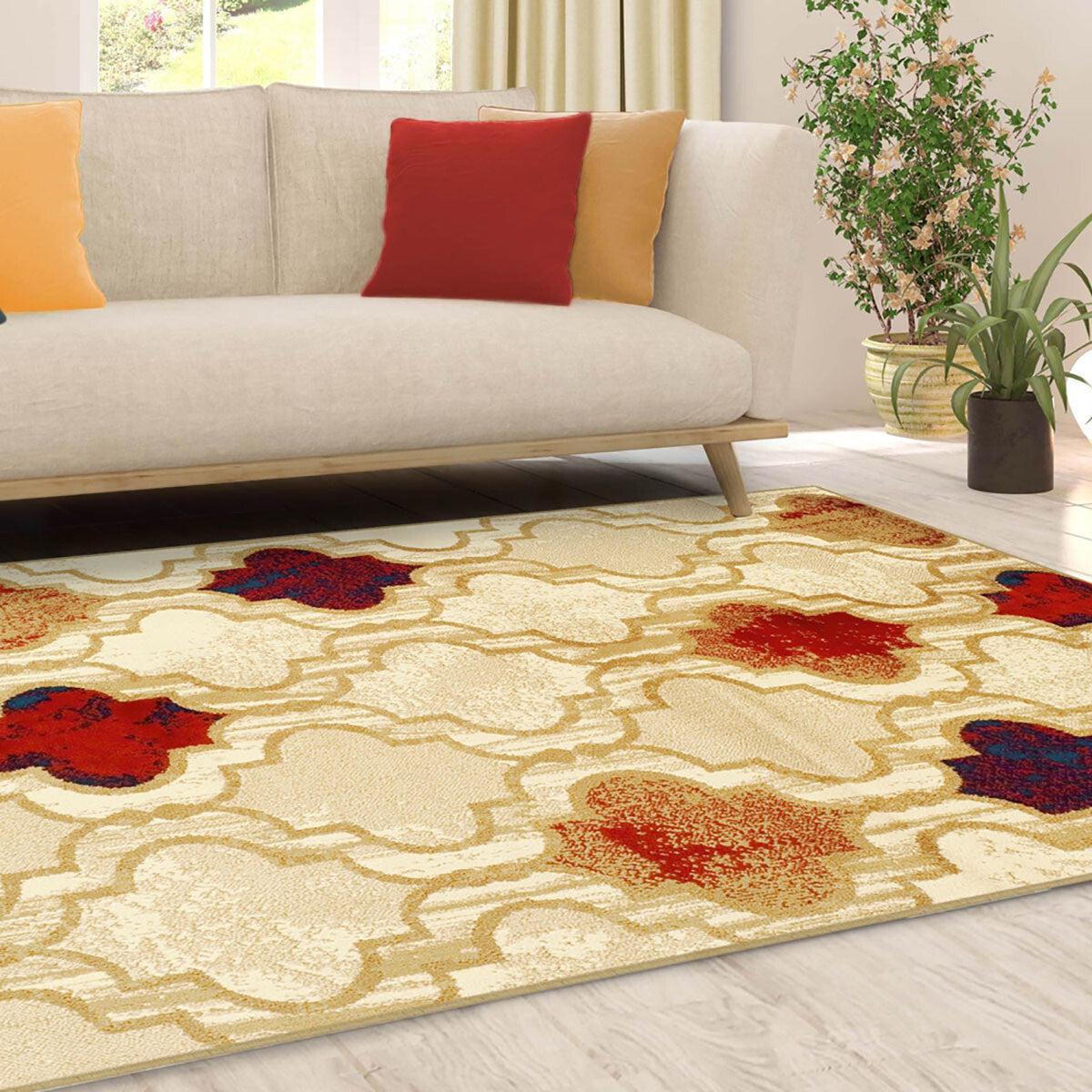 5' X 8' Beige Quatrefoil Power Loom Distressed Stain Resistant Area Rug W2B