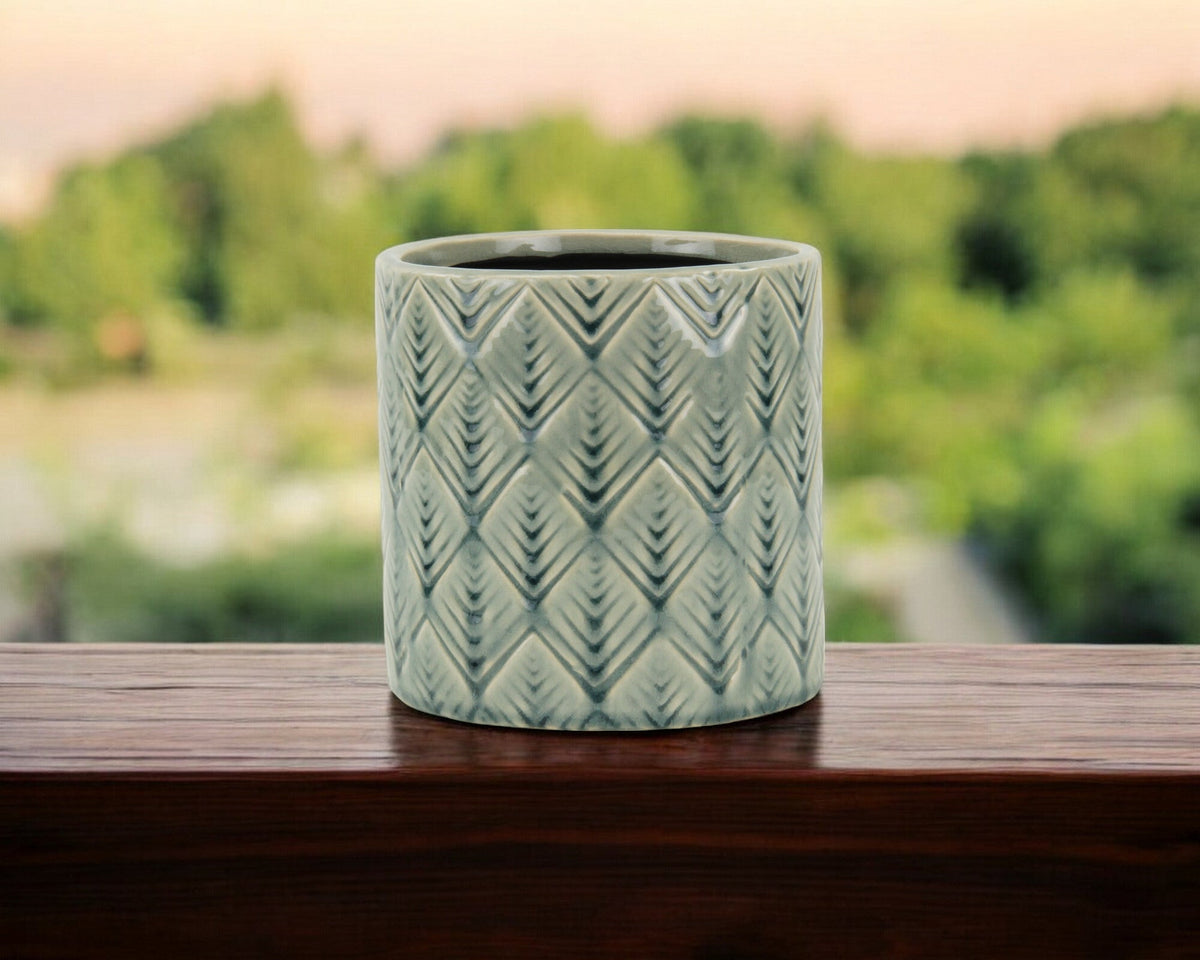 6" Green Geometric Ceramic Indoor Outdoor Round Pot Planter W2B