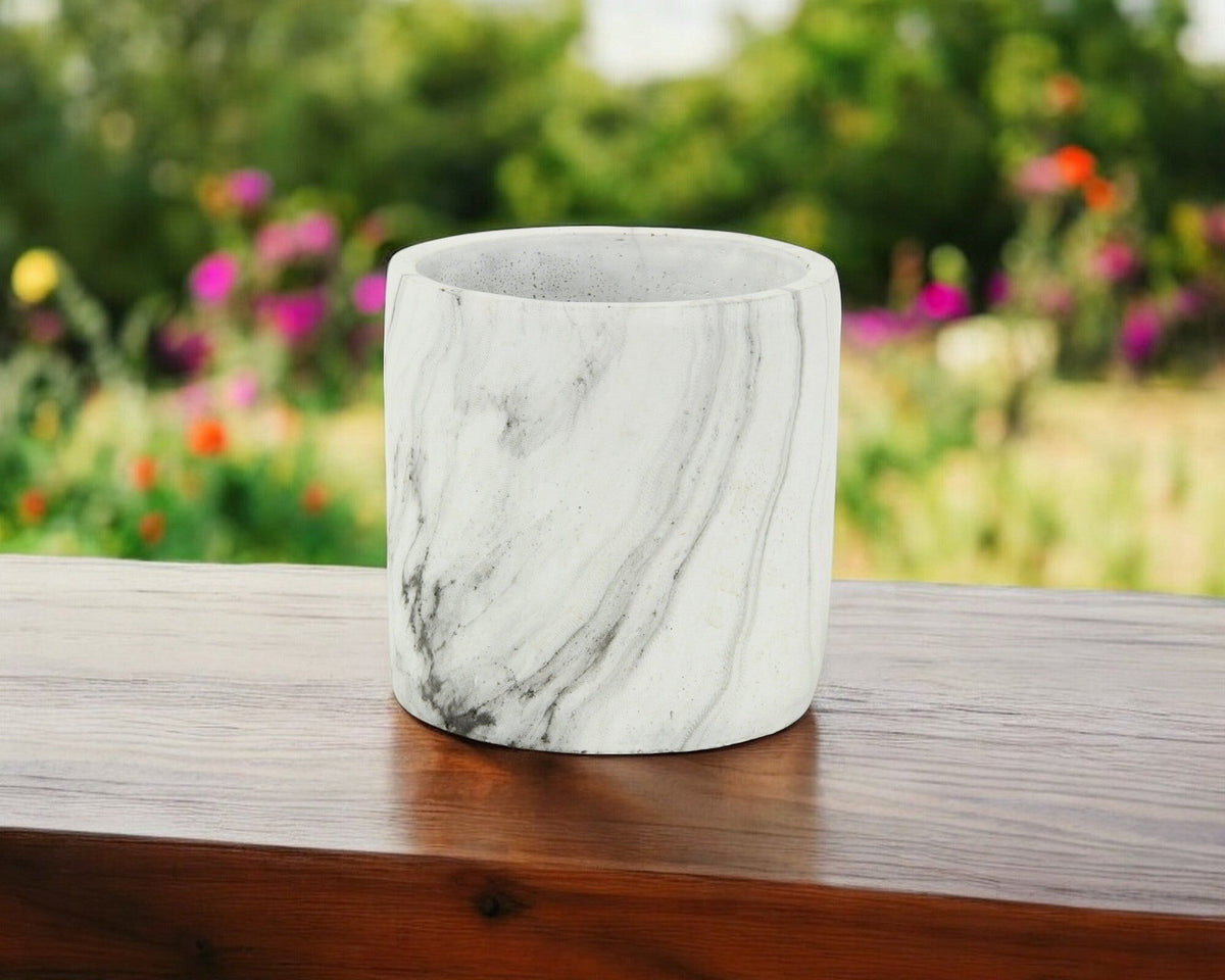 6" White and Gray Marbleized Ceramic Indoor Outdoor Round Pot Planter W2B