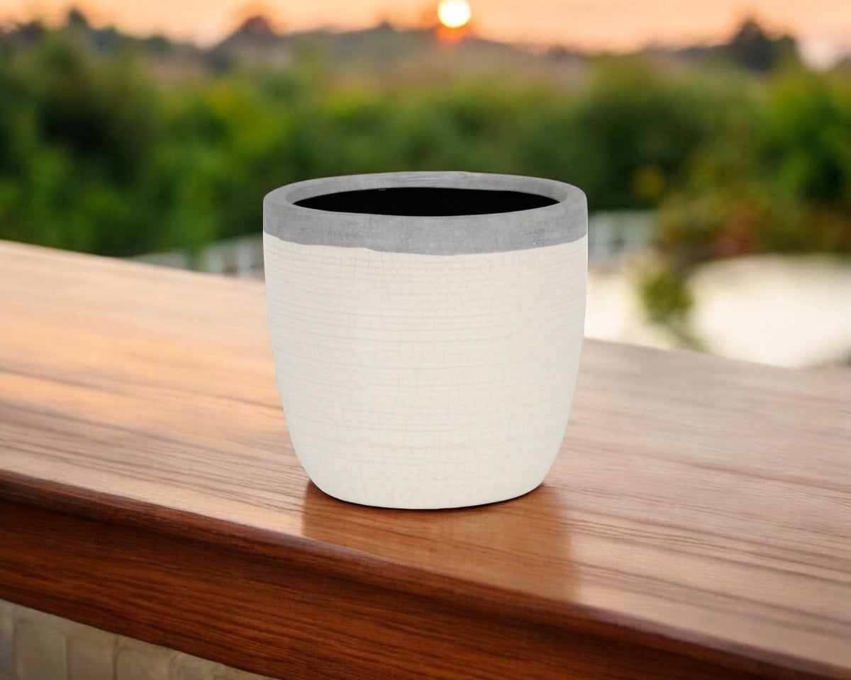 6" Cream and Gray Crackle Glaze Ceramic Indoor Outdoor Round Pot Planter W2B