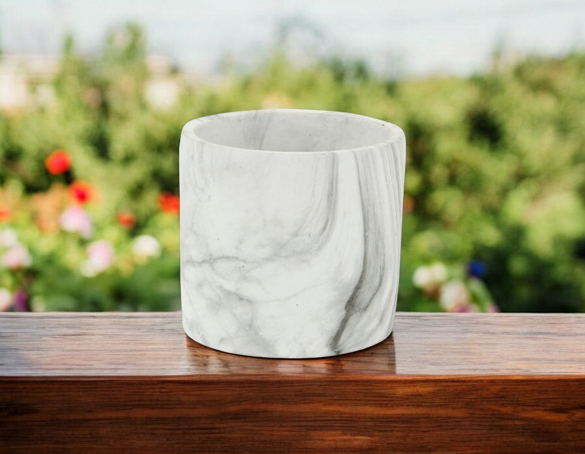 6" White and Gray Marbleized Ceramic Indoor Outdoor Round Pot Planter W2B