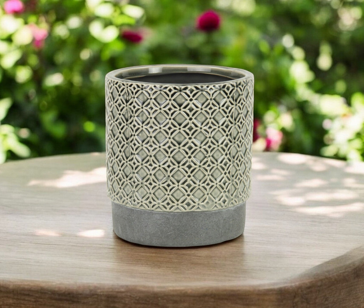 6" Gray Geometric Ceramic Indoor Outdoor Round Pot Planter W2B