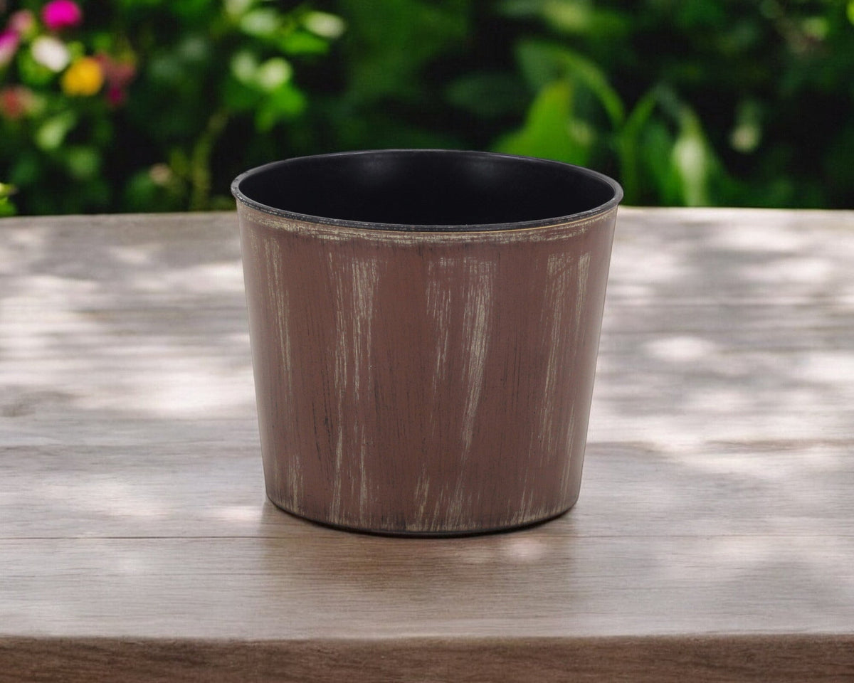 7" Brown and Ivory Textural Tone On Tone Recycled Plastic Indoor Outdoor Round Pot Planter W2B
