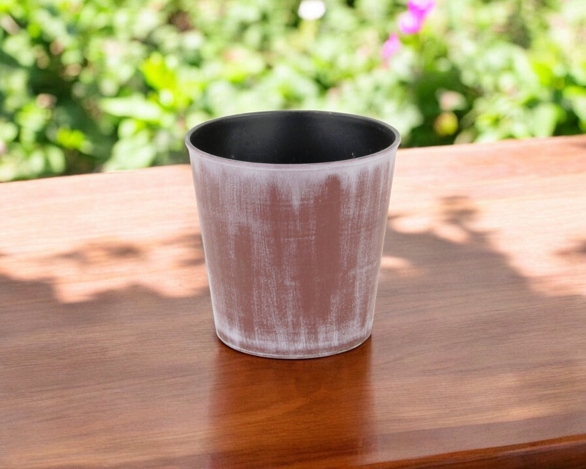 5" Brown and Off White Textural Tone On Tone Recycled Plastic Indoor Outdoor Round Pot Planter W2B