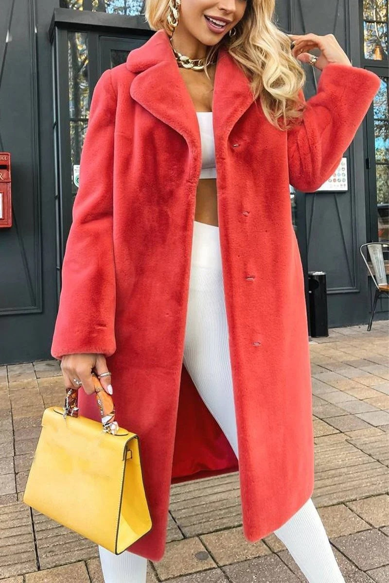 Women's Fashionable Elegant Lace-up Turn-down Collar Plush Long Coat Accent Plus