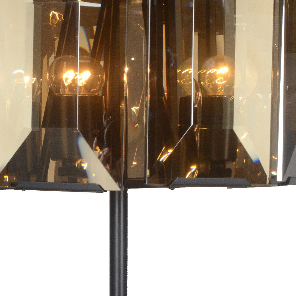30" Bronze Metal Four Light Cylinder Bedside Table Lamp With Amber Round Shade W2B