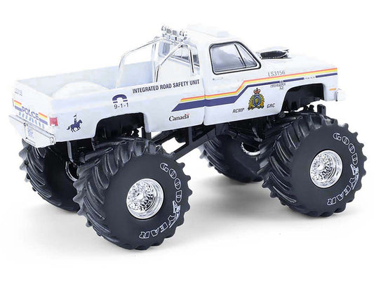 1986 Chevrolet Silverado Monster Truck "Royal Canadian Mounted Police" White with Stripes "Kings of Crunch - Hot Pursuit" Special Edition 1/64 Diecast Model Car by Greenlight-1