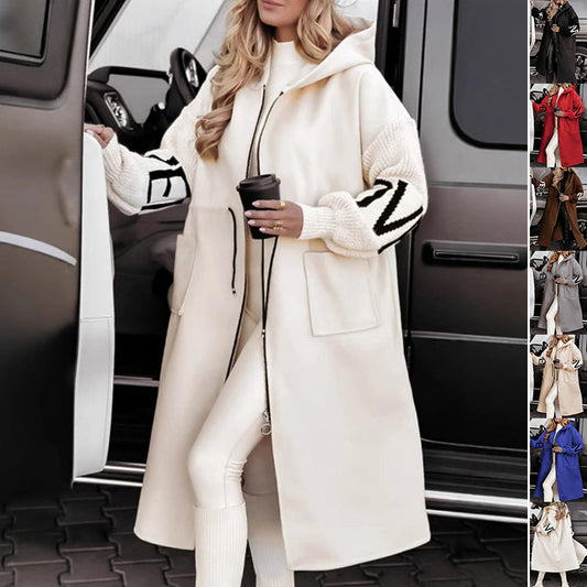 Hooded Windbreaker Long Jacket With Pockets And Drawstring Design Solid Color Knit-Sleeved Trench Coat For Women Clothing Fall Winter LadyShow.Store