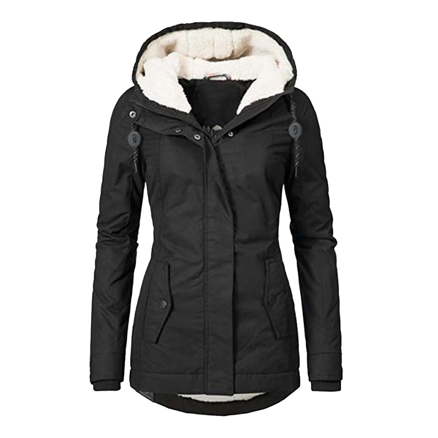 Winter Hooded Jacket Solid Color Warm Buckle Zip-up Fleece Jacket With Pockets Women's Casual Jacket Best YouTube Store
