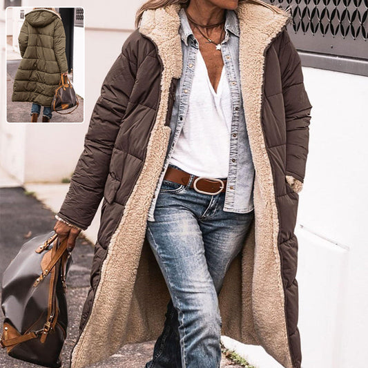 Solid Color Hooded Long Coat Winter Long Sleeve Double-sided Wear Slim Elegant Cardigan Jacket Top Women's Clothing LadyShow.Store