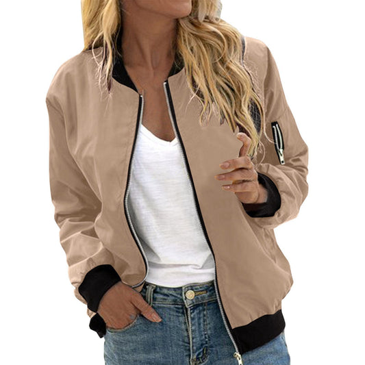 Women's Solid Color Cool Girl Baseball Jackets Round Neck Zipper Vintage Bomber Jacket Autumn Casual Female Bomber Jacket Chic Outerwear LadyShow.Store