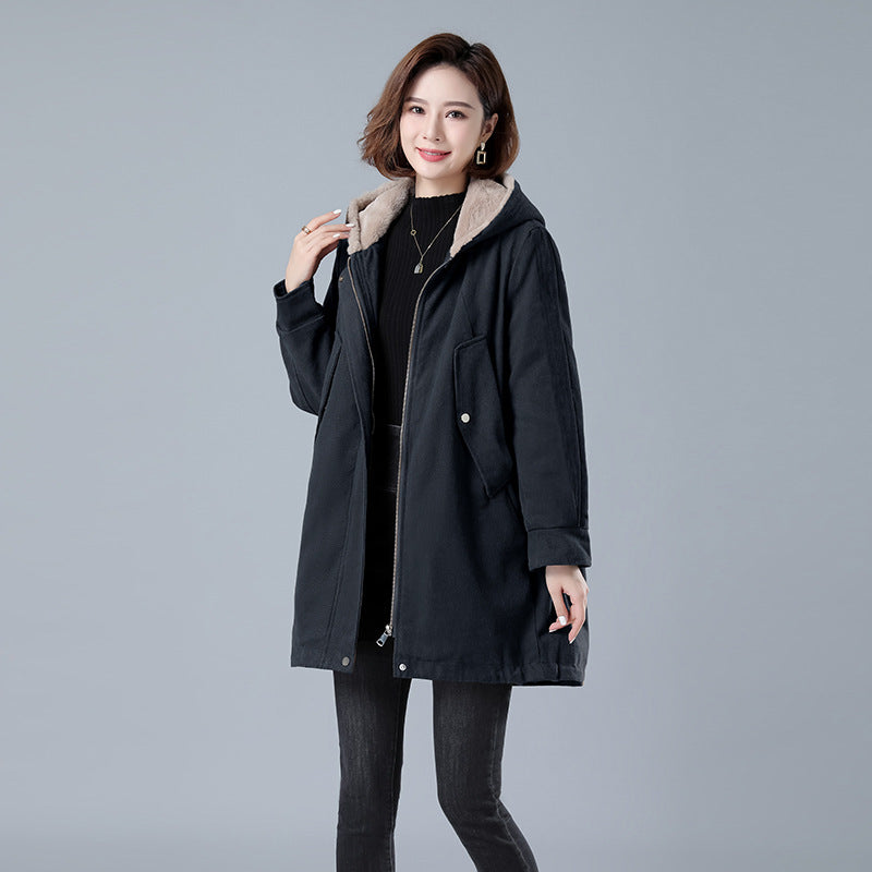 Fleece-lined Thick Hooded Parka Mid-length Long Sleeve Zipper LadyShow.Store