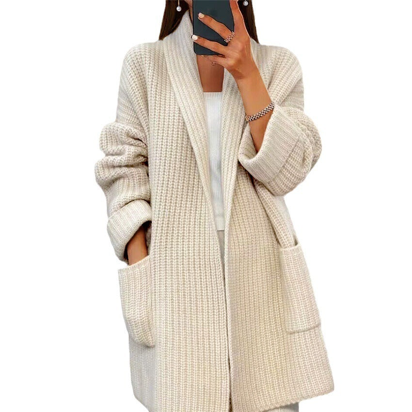 Lapel Knitted Cardigan With Pockets Fashion Casual Loose Sweater Jacket Fall Spring Women's Clothing LadyShow.Store