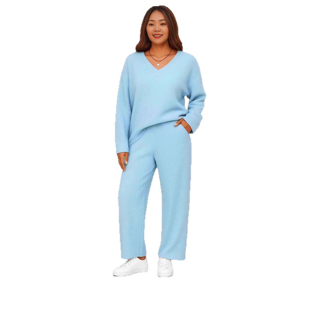 V-neck Wool Loose Pockets Leisure Suit Two-piece Pajamas LadyShow.Store
